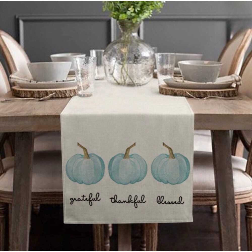Fall Autumn Tan Linen Table Runner Grateful Thankful Blessed Blue Pumpkins 13X72